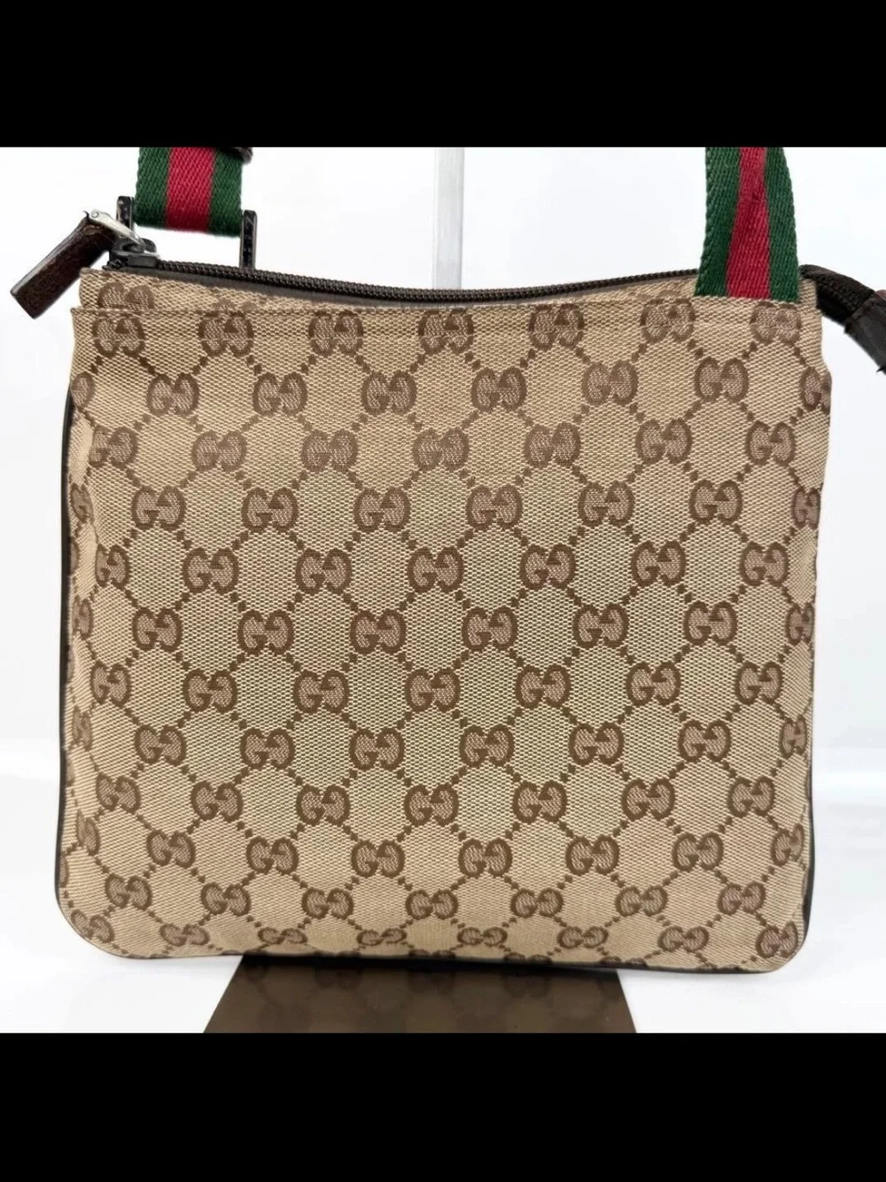 Gucci Brown GG Canvas Messenger Bag with Green-Red Web Strap